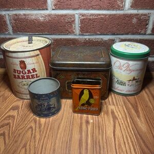 VTG Advertising Tin Lot Ole Virginny Cashew Sugar Barrel Tea Flour Primitive